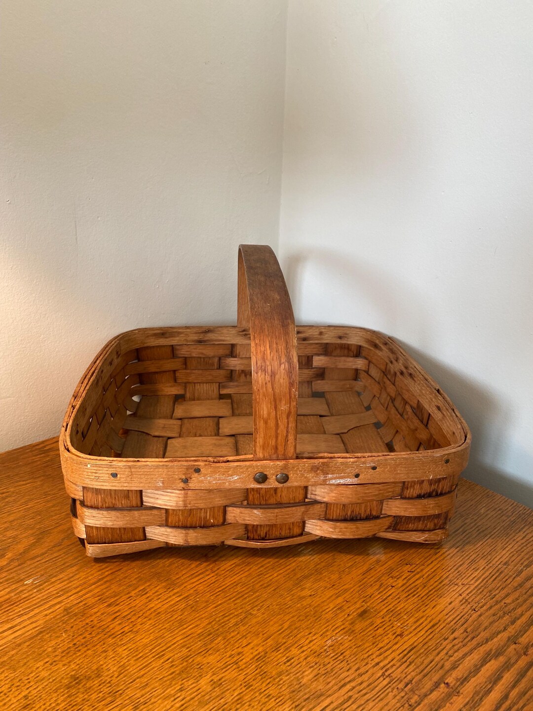 View of Vintage Woven Basket/ Mid Century Square Handled Basket/ by Gatormom13 ...