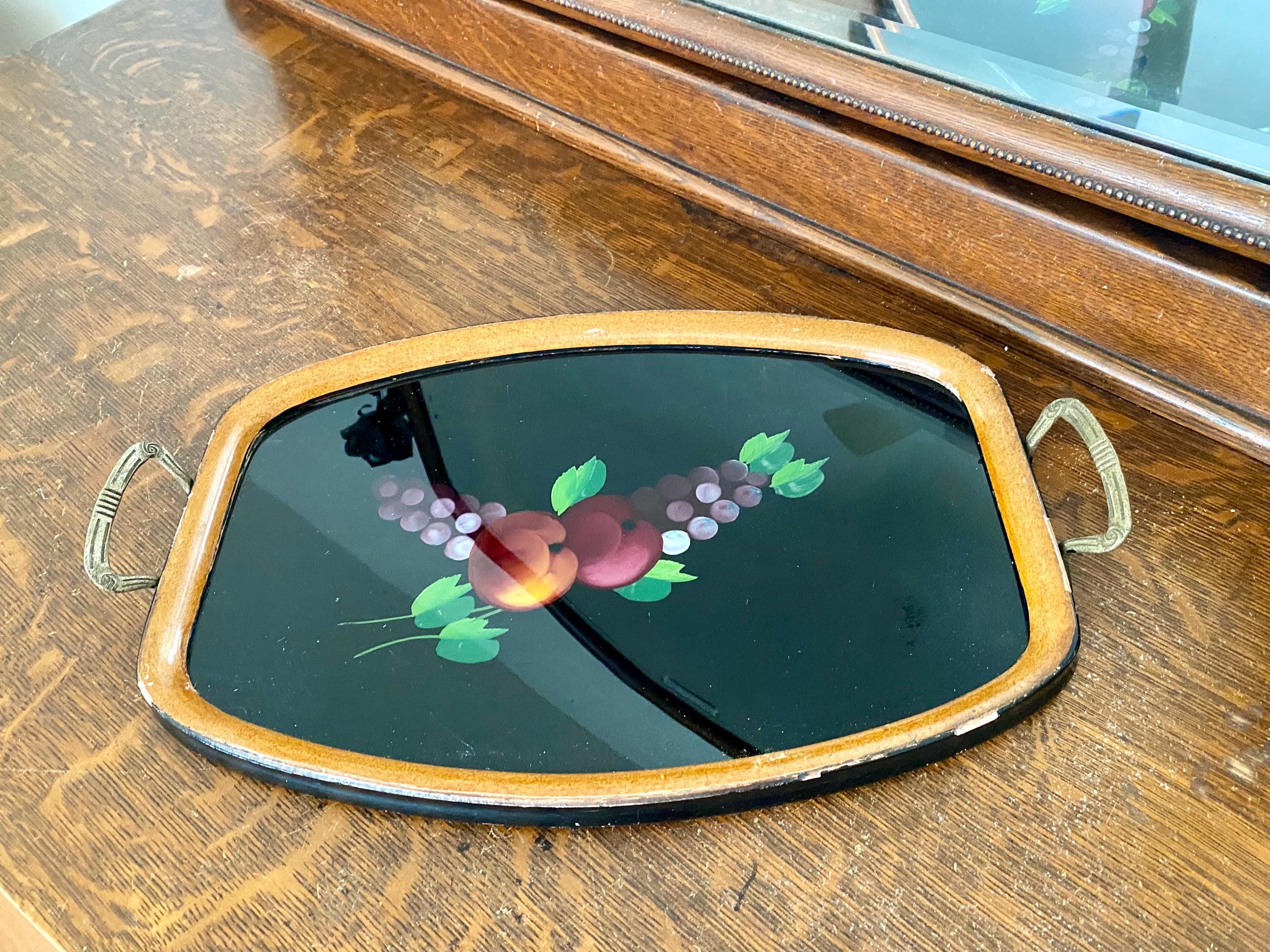 Reverse Painted Serving Tray Brass Handles, JUST REDUCED, Handled Glass Tray, Handpainted  Fruit Design, By Gatormom13