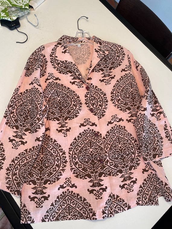 Connie Roberson Linen Ladies Blouse/Pink and Brow… - image 2