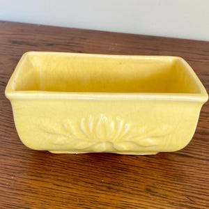 May include: A rectangular, pale yellow ceramic planter with a floral design on the front. The planter has a slightly textured surface and is empty. The planter is sitting on a wooden surface.