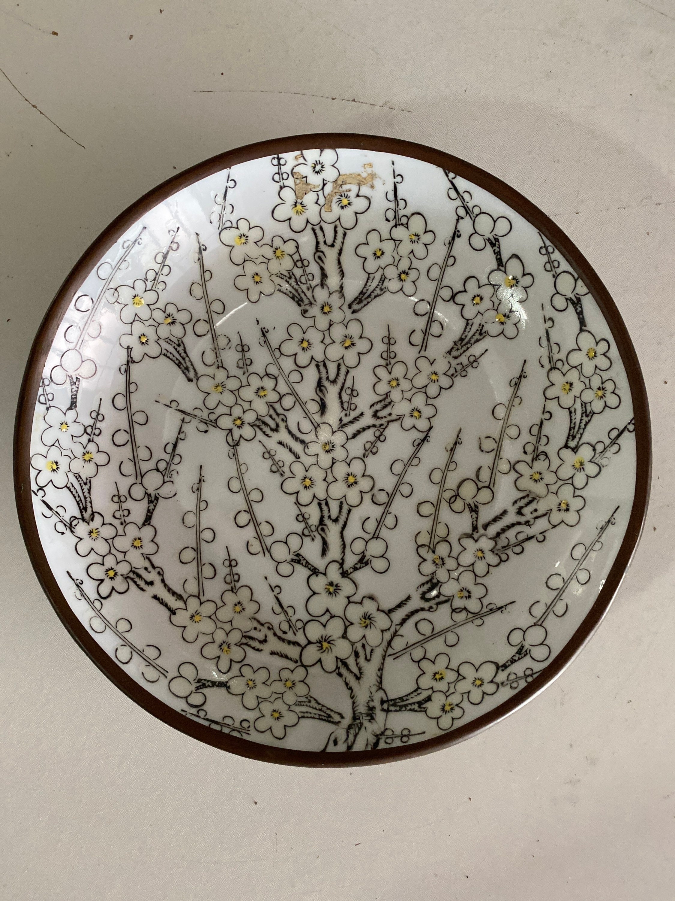 Y.Y. Japanese Porcelain Brass Bowl – Mid Century Decorative Cherry