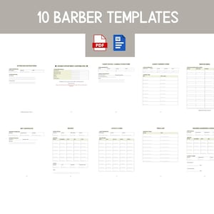 May include: An image showcasing 10 barber templates, including aftercare instructions, appointment confirmation cards, client intake forms, consent forms, gift certificates, invoices, loyalty cards, price lists, service menus, and wedding contracts. The templates are available in PDF and Word formats.