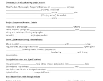 May include: A product photography agreement document with sections for project scope, image deliverables, and pricing. The document includes fields for client and photographer details, shoot location, and editing services.
