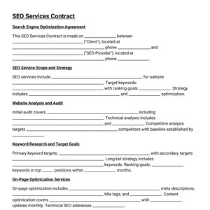 SEO Services Contract, Search Engine Optimization Agreement, Website Ranking Terms, Contract for SEO Specialists
