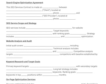 Peut inclure: Un document blanc intitulé "Contrat de services SEO" avec des sections pour les détails de l'accord, la portée des services, l'analyse du site web, la recherche de mots-clés, l'optimisation on-page, la stratégie de contenu et le netlinking.