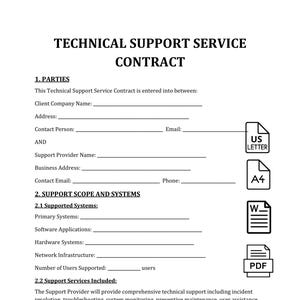 Pode incluir: Documento a preto e branco intitulado "CONTRATO DE SERVIÇO DE SUPORTE TÉCNICO". O documento inclui secções para as partes, o âmbito do suporte e os acordos de nível de serviço. Ícones US Letter, A4, Word e PDF à direita.