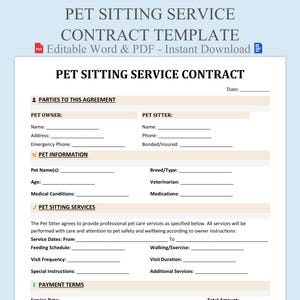 Op de afbeelding: Een contract sjabloon voor een oppasservice voor huisdieren, beschikbaar als bewerkbare Word- en PDF-directe download. Het document bevat secties voor informatie over de eigenaar en oppas, huisdiergegevens, oppasservices en betalingsvoorwaarden. Het ontwerp is strak met een lichtblauwe achtergrond.