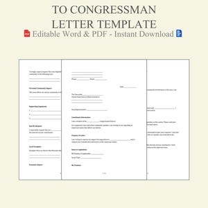 Plantilla de carta a un congresista (Word, Google Docs, PDF) / Ejemplo de correspondencia gubernamental / Mensaje de contacto del representante al constituyente