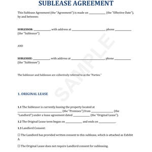 Könnte beinhalten: Ein Rechtsdokument mit dem Titel "Untermietvertrag" mit Abschnitten für die Informationen des Untervermieters und des Untermieters. Das Dokument beschreibt die Bedingungen eines Untermietvertrags, einschließlich des ursprünglichen Mietvertrags, der Zustimmung des Vermieters und des Inkrafttretens.