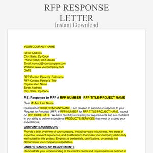 May include: A white document with the text "RFP RESPONSE LETTER Instant Download" at the top. The document includes sections for company information, RFP details, and a response to the RFP.