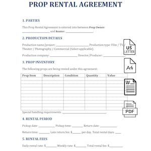 May include: A white document titled "Prop Rental Agreement" with sections for parties, production details, prop inventory, rental period, and fees. Includes US Letter, A4, Word, and PDF icons.