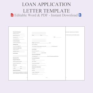 Peut inclure: Modèle de lettre de demande de prêt sur fond blanc. Le modèle comprend des sections pour les informations financières, les détails du prêt et les informations personnelles. Le texte "LOAN APPLICATION LETTER TEMPLATE" est en haut, avec "Editable Word & PDF - Instant Download" en dessous.