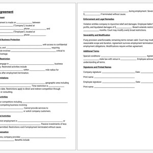 May include: A two-page document labelled "Non-Compete Agreement" with sections for company and employee information. It details employment terms, restrictions, and legal clauses. Text is black on a white background.
