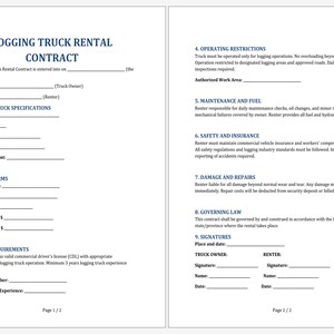 May include: A two-page Logging Truck Rental Contract, with text in blue and black. The contract includes sections for truck specifications, rental terms, driver requirements, operating restrictions, maintenance, safety, damage, governing law, and signatures.