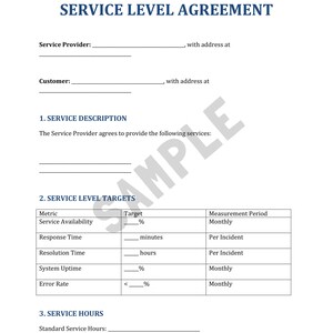 Op de afbeelding: Een wit document getiteld "SERVICE LEVEL AGREEMENT" met tekstvelden voor informatie over de serviceprovider en de klant. Bevat secties voor Servicebeschrijving, Service Level Targets en Service Hours. Het document is 1/4 pagina's.