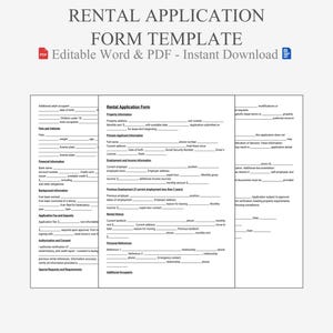 May include: A white rental application form template with the text "Rental Application Form Template" at the top. The form is divided into sections for personal, financial, and rental history information.