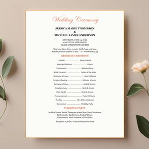 May include: A wedding ceremony program with a gold border, featuring the names Jessica Marie Thompson and Michael James Anderson. The program includes the order of ceremony and wedding party details, with floral accents.