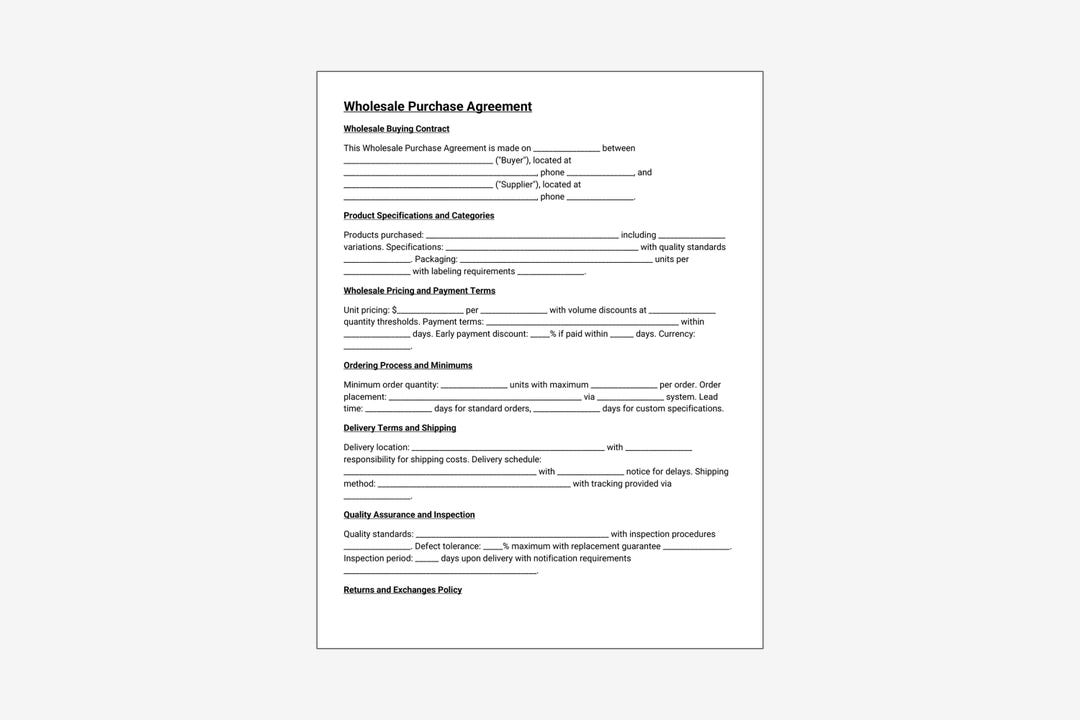 Wholesale Purchase Agreement Template Easy to Use Word & PDF Files Etsy