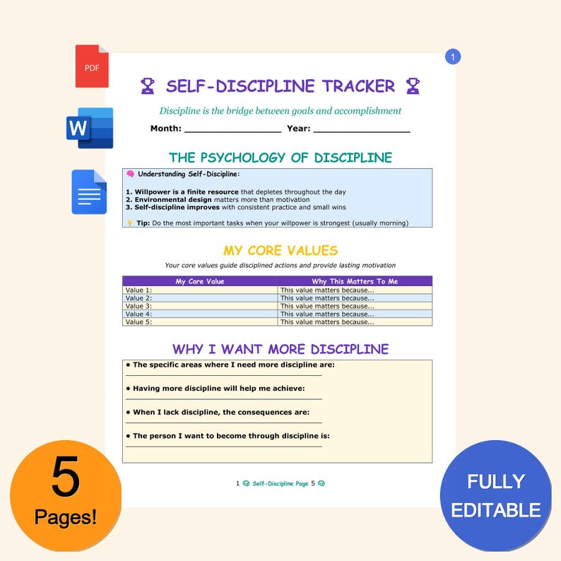 Self Discipline Worksheet.pdf Self Discipline Tracker Template | Editable in MS Word & PDF | Planner ...