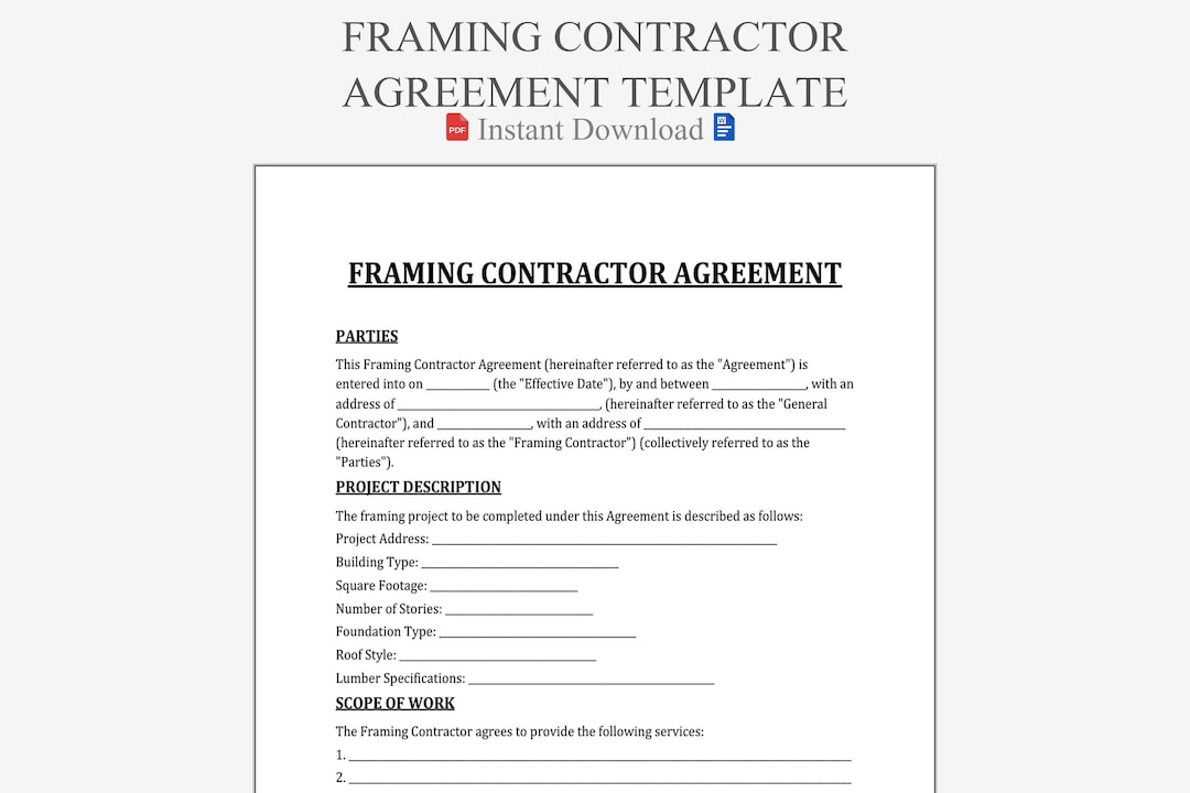 Border Contractor File Framing Contractor Agreement Form. Printable Framing Service Contract ...