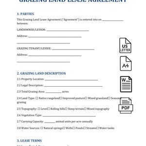 Puede incluir: Un documento de acuerdo de arrendamiento de tierras de pastoreo con el título "GRAZING LAND LEASE AGREEMENT". El documento incluye secciones para las partes, la descripción de la tierra y los términos del arrendamiento. Se ven iconos de US Letter, A4, Word y PDF.