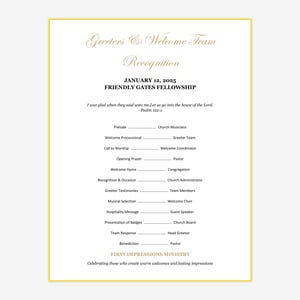 May include: A white document with a gold border and text. The document is titled "Greeters & Welcome Team Recognition" and includes the date January 12, 2025, and the name "Friendly Gates Fellowship". The document lists a schedule of events.