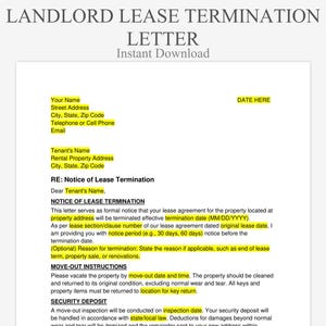 Carta de rescisión del contrato de arrendamiento del arrendador - Plantilla de aviso de alquiler / Formularios de propiedad / Notificación para inquilinos que finalizan el arrendamiento