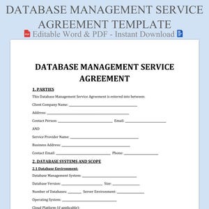 Op de afbeelding: Een wit document getiteld "DATABASE MANAGEMENT SERVICE AGREEMENT" met een lichtblauwe achtergrond. Het document bevat secties voor partijen, databasesystemen en reikwijdte, met invulvelden.