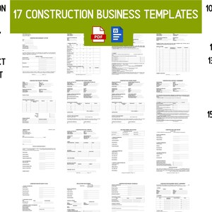 May include: A set of 17 construction business templates, including contracts, site safety plans, and payment applications. The image displays various forms and documents, with the title "17 CONSTRUCTION BUSINESS TEMPLATES" in a green banner.