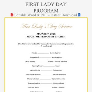 以下が含まれることがあります： 「First Lady's Day Service」のテキストと2025年3月17日の日付が記載された、First Lady Dayのプログラム。前奏、行列、聖書朗読などのイベントスケジュールが含まれています。