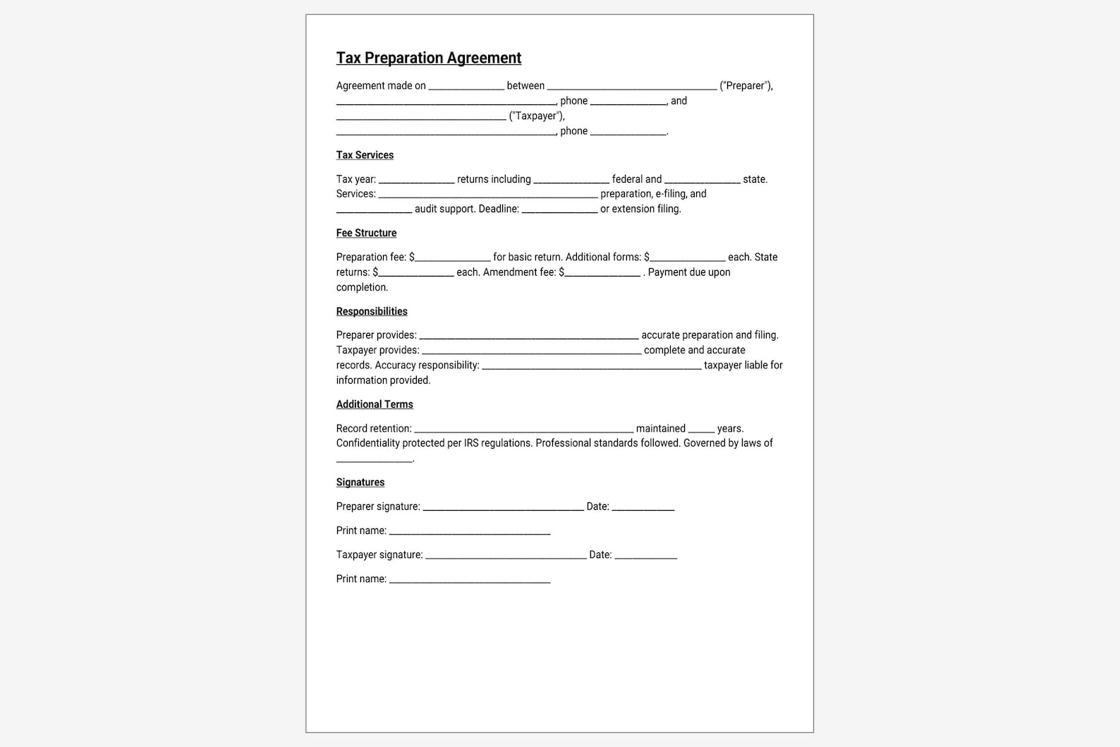 Tax Preparation Agreement Template, Accountant Service Contract, Tax ...