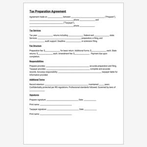May include: A white document titled "Tax Preparation Agreement" with fillable fields for agreement details, tax services, fee structure, responsibilities, and signatures. The document includes sections for record retention and confidentiality.