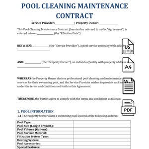 Pool Cleaning Maintenance Contract Template Word PDF - Swimming Pool Service Sample | Water Care Agreement Document