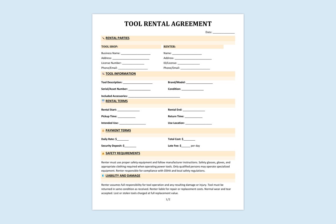Tool Rental Log Tool Rental Contract Template. PDF & Word Download. - Etsy