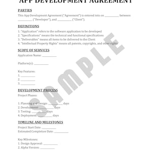 May include: A white document headed "APP DEVELOPMENT AGREEMENT" with sections for Parties, Definitions, Scope of Services, Development Process, and Timeline. The document includes fill-in spaces and is labelled "Page 1/3."