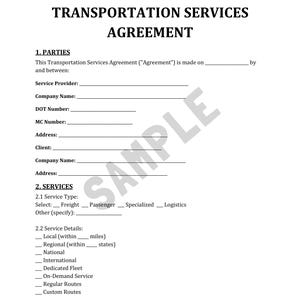 Puede incluir: Un documento de Acuerdo de Servicios de Transporte con secciones para las partes y los detalles del servicio. El documento incluye campos para nombres de empresas, direcciones y tipos de servicio. Una marca de agua "SAMPLE" es visible.