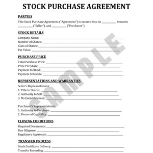 Editable Stock Purchase Agreement Template - Easy to Use Word & PDF - Customizable for Company Shares