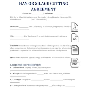 May include: A document titled "HAY OR SILAGE CUTTING AGREEMENT" with fields for contractor and landowner information. Includes sections for field description, acreage, crop type, and cutting schedule. Features US Letter, A4, and PDF icons.