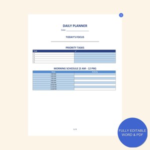 Könnte beinhalten: Eine tägliche Planervorlage mit einem blau-weißen Farbschema. Die Vorlage enthält Abschnitte für Prioritätsaufgaben, einen Morgenplan und einen Platz für den heutigen Fokus. Der Text "DAILY PLANNER" befindet sich oben auf der Seite.
