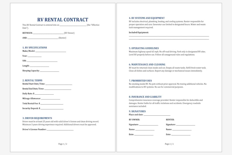Simple RV Rental Contract Template. Printable Camper Rental Agreement ...