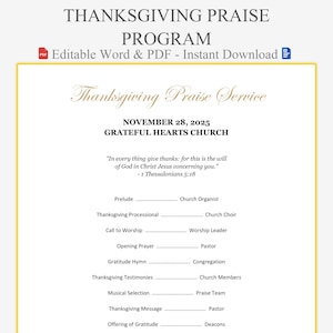 Peut inclure: Un modèle de programme de louange de Thanksgiving avec une bordure et du texte dorés. Le programme comprend la date, le nom de l'église et l'ordre du service. Le texte "Thanksgiving Praise Service" est en haut. Disponible en téléchargement instantané Word et PDF modifiable.