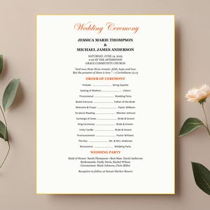 May include: A wedding ceremony program with the names Jessica Marie Thompson and Michael James Anderson in red script. The program includes the order of ceremony and wedding party details, with floral accents.
