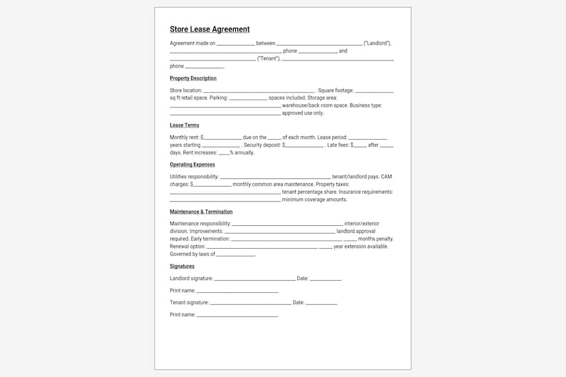 One Page Store Lease Agreement Template, Shop Rental Contract, Retail ...