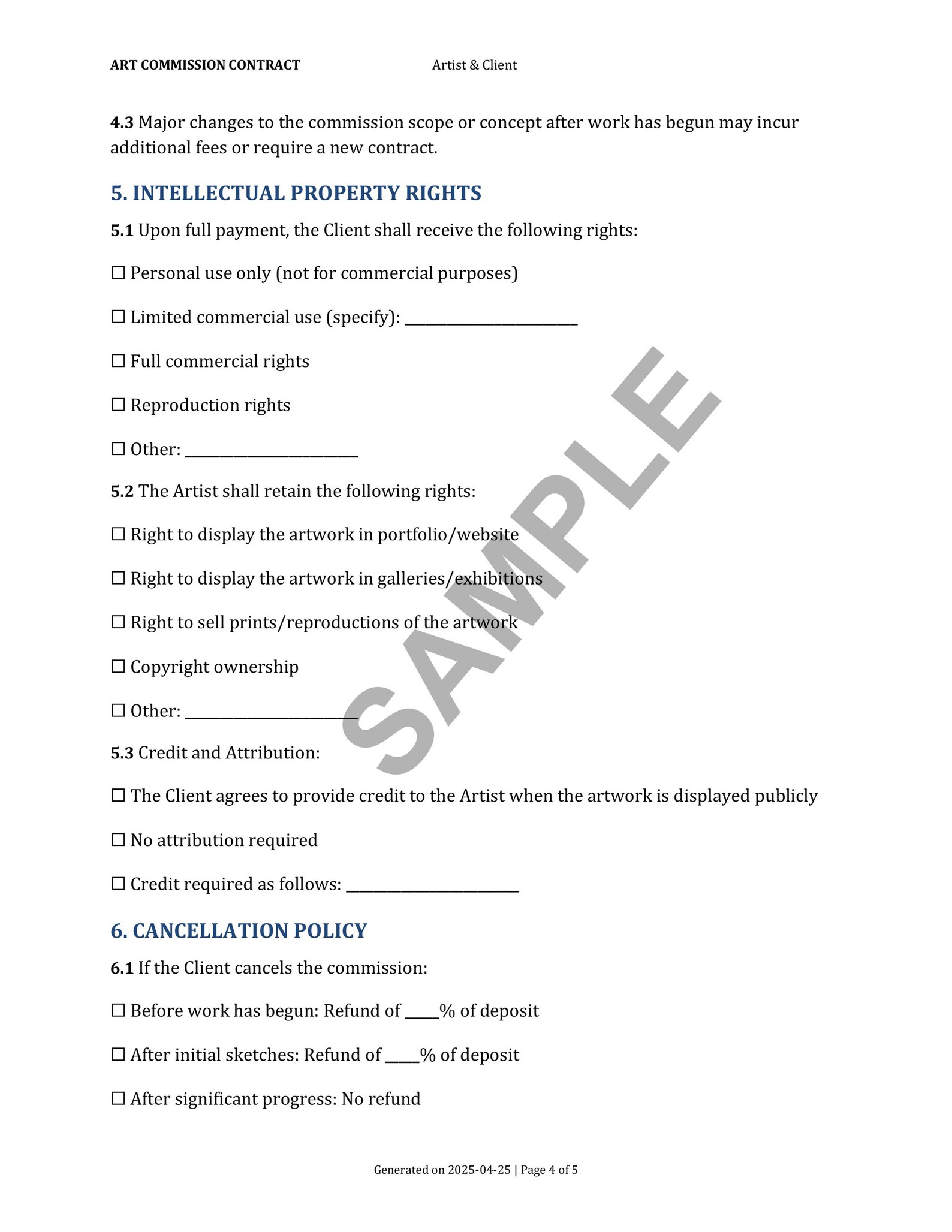 Art Commission Agreement Template Editable Word & PDF Contract for