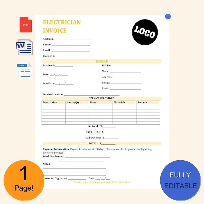 Electrician Invoice Template Custom Logo | Editable Electrician Invoice ...