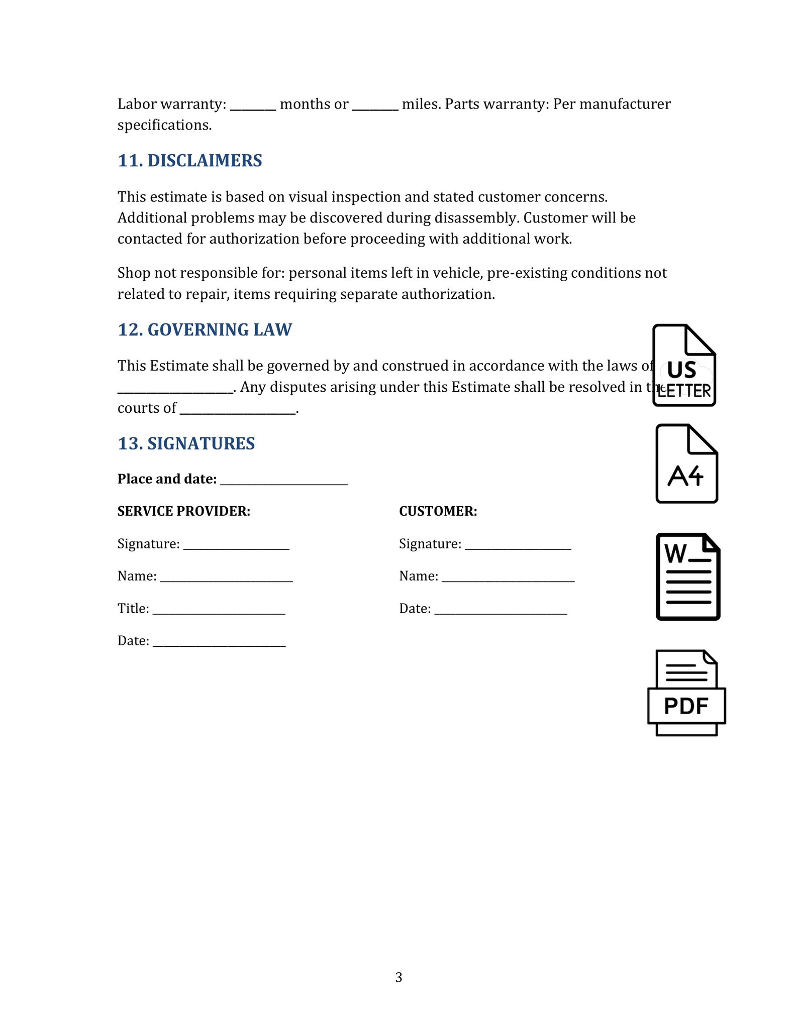 Repair Estimate Template Word PDF - Repair Quote, Estimate Terms ...
