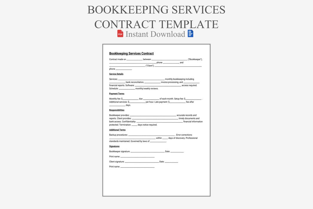 1 Page Bookkeeping Services Contract Template, Accounting Agreement ...