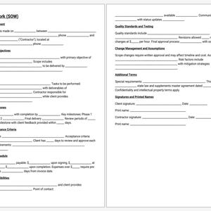 Peut inclure: Document de deux pages intitulé « Statement of Work (SOW) » avec des champs à remplir pour les détails du projet, les délais et les signatures. Comprend des sections pour l'aperçu du projet, les livrables et les conditions de paiement. Fond blanc.