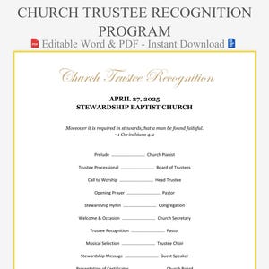 Può includere: Documento bianco con bordo dorato e testo «Programma di riconoscimento dei fiduciari della chiesa». Il documento include uno schema del programma per un evento della chiesa, con sezioni per preludio, processione dei fiduciari e selezione musicale.