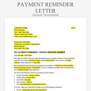 Puede incluir: Un documento blanco titulado "PAYMENT REMINDER LETTER" con las palabras "Instant Download" en la parte superior. El documento incluye campos para la información de la empresa y del cliente, y un mensaje de recordatorio de pago.